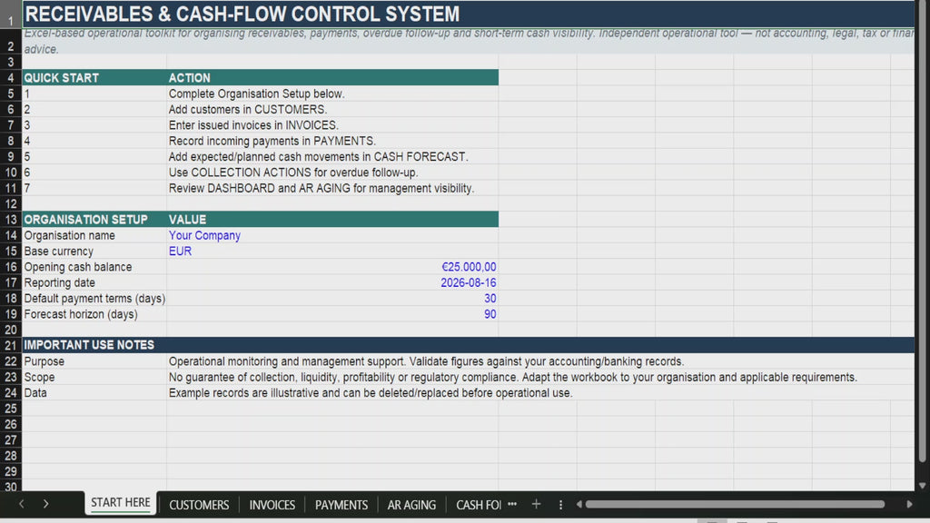 Receivables & Cash-Flow Control System | Excel Business Toolkit