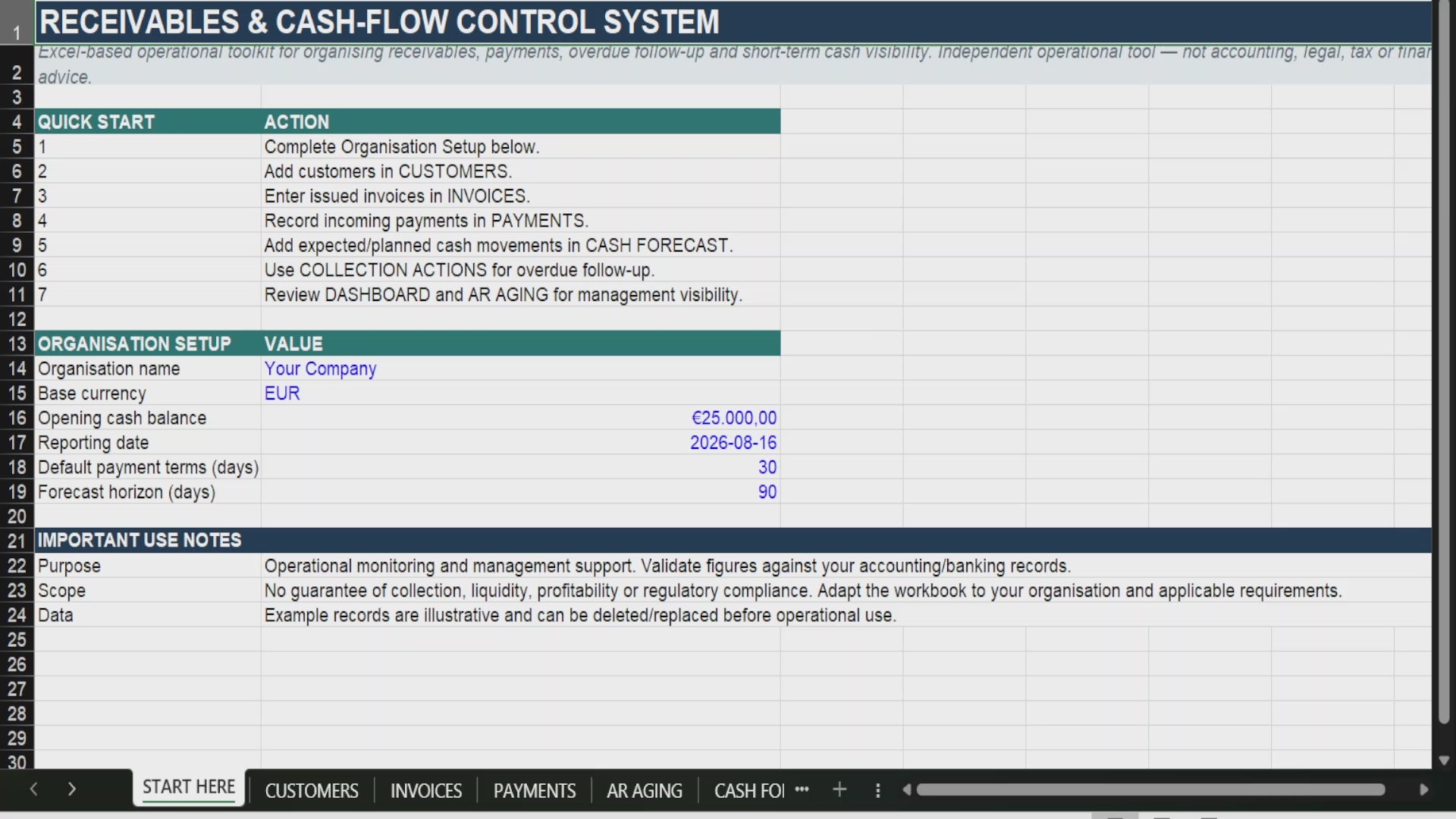 Receivables & Cash-Flow Control System | Excel Business Toolkit